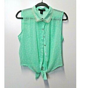 Womens Collared Sheer Top Sz L Polka Dots High Low Sleeveless Mint green LOVELY